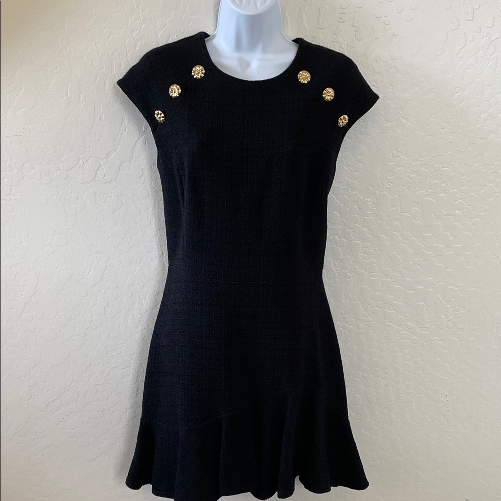 Sandro tweed Black Mini Dress with Gold Buttons